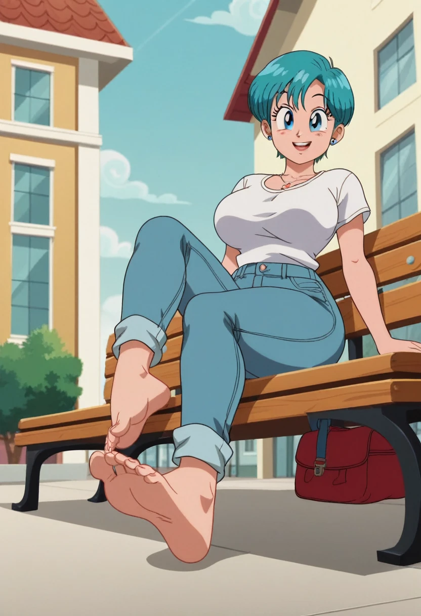 source_animé, puntaje_9, puntaje_8_arriba, puntaje_7_arriba, animé screencap,8k, absurdo res, Bulma, 1 girl, solo, blue hair, short sleeves, white t shirt, neckline, barefoot, soles, feet, toes, feet focus, sitting on bench, floor, building, outdoors, big breasts, wide hips, seductive smile, seductive look, jeans pants, from below, red cloth on the neck