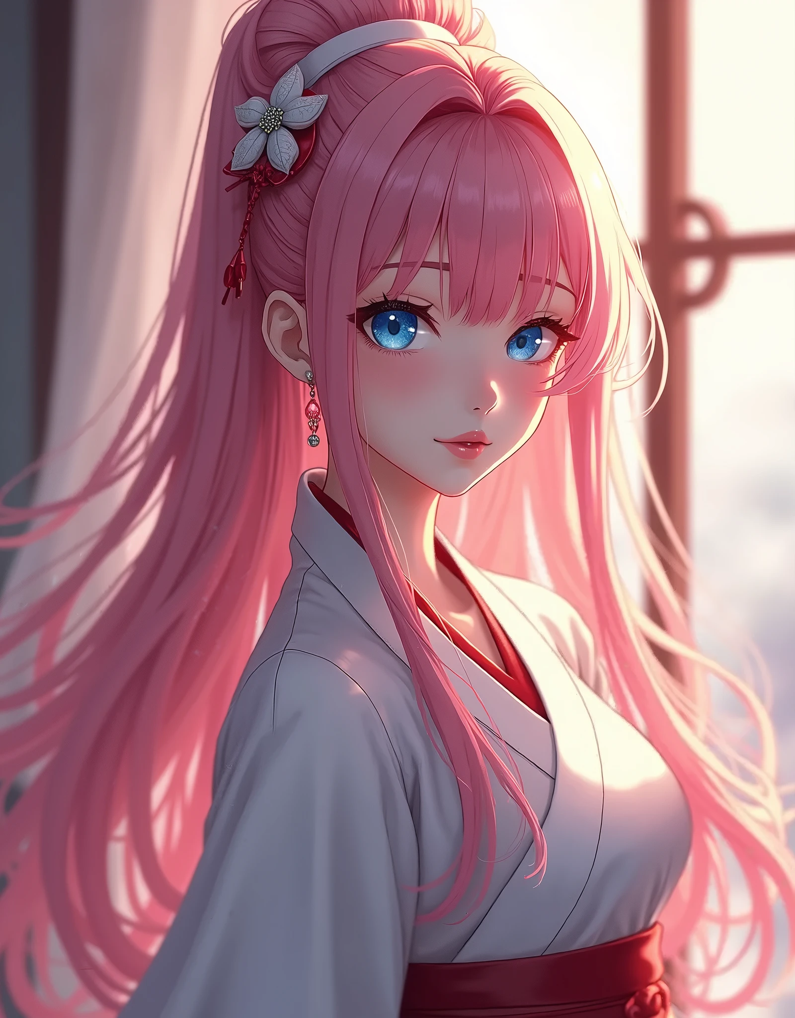 mature femal,baby pink hair,Flat eyebrows,Red-eyed pupils,Half-exposed breasts,Plump body,Translucent white gauze dress,Red sleeves,Red cheeks