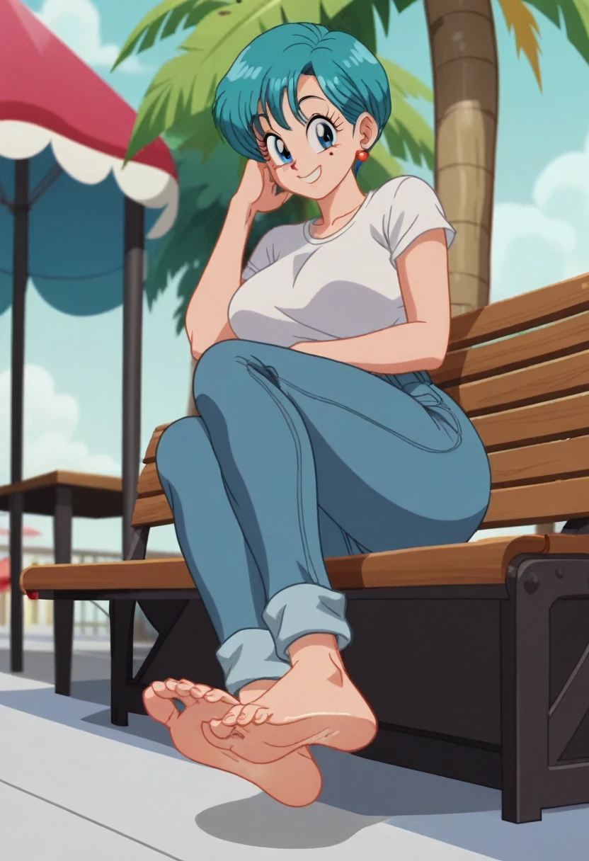 source_animé, puntaje_9, puntaje_8_arriba, puntaje_7_arriba, animé screencap,8k, absurdo res, Bulma, 1 girl, solo, blue hair, short sleeves, white t shirt, neckline, barefoot, soles, feet, toes, feet focus, sitting on bench, floor, building, outdoors, big breasts, wide hips, seductive smile, seductive look, jeans pants, from below, red cloth on the neck