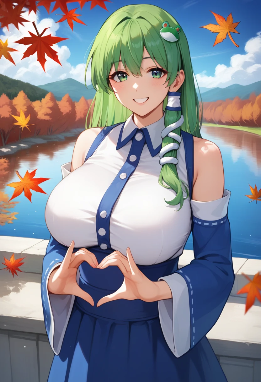 (master piece), (best quality), (8k), (ultra high resolution), (highest quality), (anime style), (best writing), (beautiful face), (masterpiece), (highest quality), (detailed beautiful face and eyes), (textile shading), (upper body), (lake), (autumn leaves), 1girl, solo, kochiya sanae, 1girl, green hair, long hair, green eyes, frog hair ornament, hair tubes, snake hair ornament, collared shirt, white shirt, detached sleeves, wide sleeves, blue skirt, frilled skirt, large breasts, beautiful breasts, happy, smile, heart hands,,