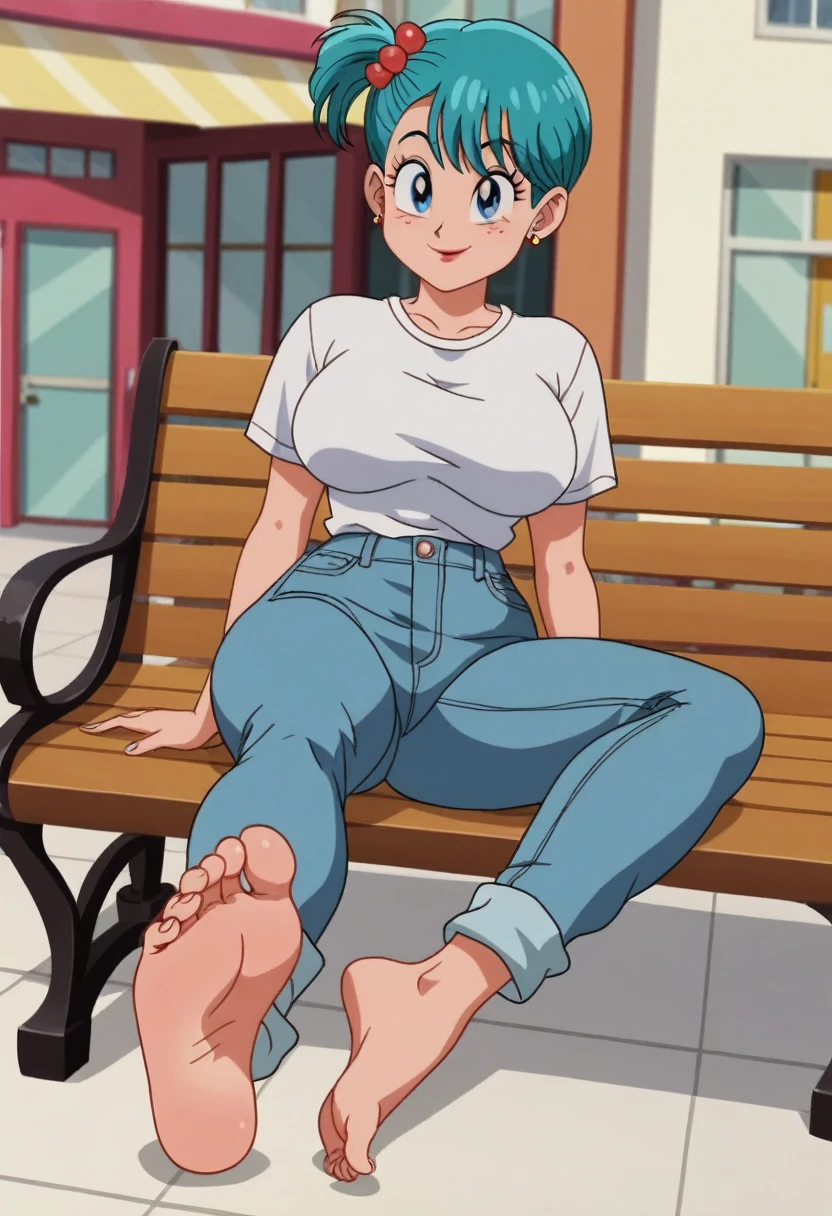 source_animé, puntaje_9, puntaje_8_arriba, puntaje_7_arriba, animé screencap,8k, absurdo res, Bulma, 1 girl, solo, blue hair, short sleeves, white t shirt, neckline, barefoot, soles, feet, toes, feet focus, sitting on bench, floor, building, outdoors, big breasts, wide hips, seductive smile, seductive look, jeans pants, red cloth on the neck