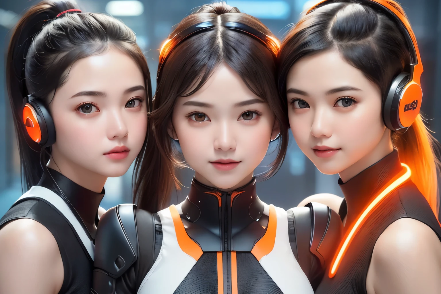 Top Quality, Masterpiece, Ultra High Resolution, (Photorealistic: 1.4), Raw Photo, 3 twin Girls, Black Hair, Glossy Skin, 1 Mechanical Girl, (((Ultra Realistic Details)), Portrait, Global Illumination, Shadows, Octane Rendering, 8K, Ultra Sharp, Intricate Ornaments Details, realistic skin, sweat effect, ((wearing Headphone)), very intricate detail, realistic light, CGSoation trend, brown eyes, glowing eyes, matte black and neon orange mechanical bodysuit, Long hair, black hair, Ponytail hair, full body shot, spaceship bridge background, dynamic pose, close up, smile, 3 twins, 3 girls, identical faces, smile