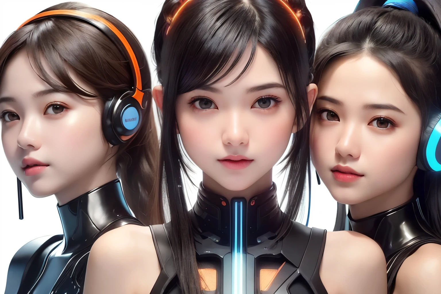Top Quality, Masterpiece, Ultra High Resolution, (Photorealistic: 1.4), Raw Photo, 3 twin Girls, Black Hair, Glossy Skin, 1 Mechanical Girl, (((Ultra Realistic Details)), Portrait, Global Illumination, Shadows, Octane Rendering, 8K, Ultra Sharp, Intricate Ornaments Details, realistic skin, sweat effect, ((wearing Headphone)), very intricate detail, realistic light, CGSoation trend, brown eyes, glowing eyes, matte black and neon orange mechanical bodysuit, Long hair, black hair, Ponytail hair, full body shot, spaceship bridge background, dynamic pose, close up, smile, 3 twins, 3 girls, identical faces, smile
