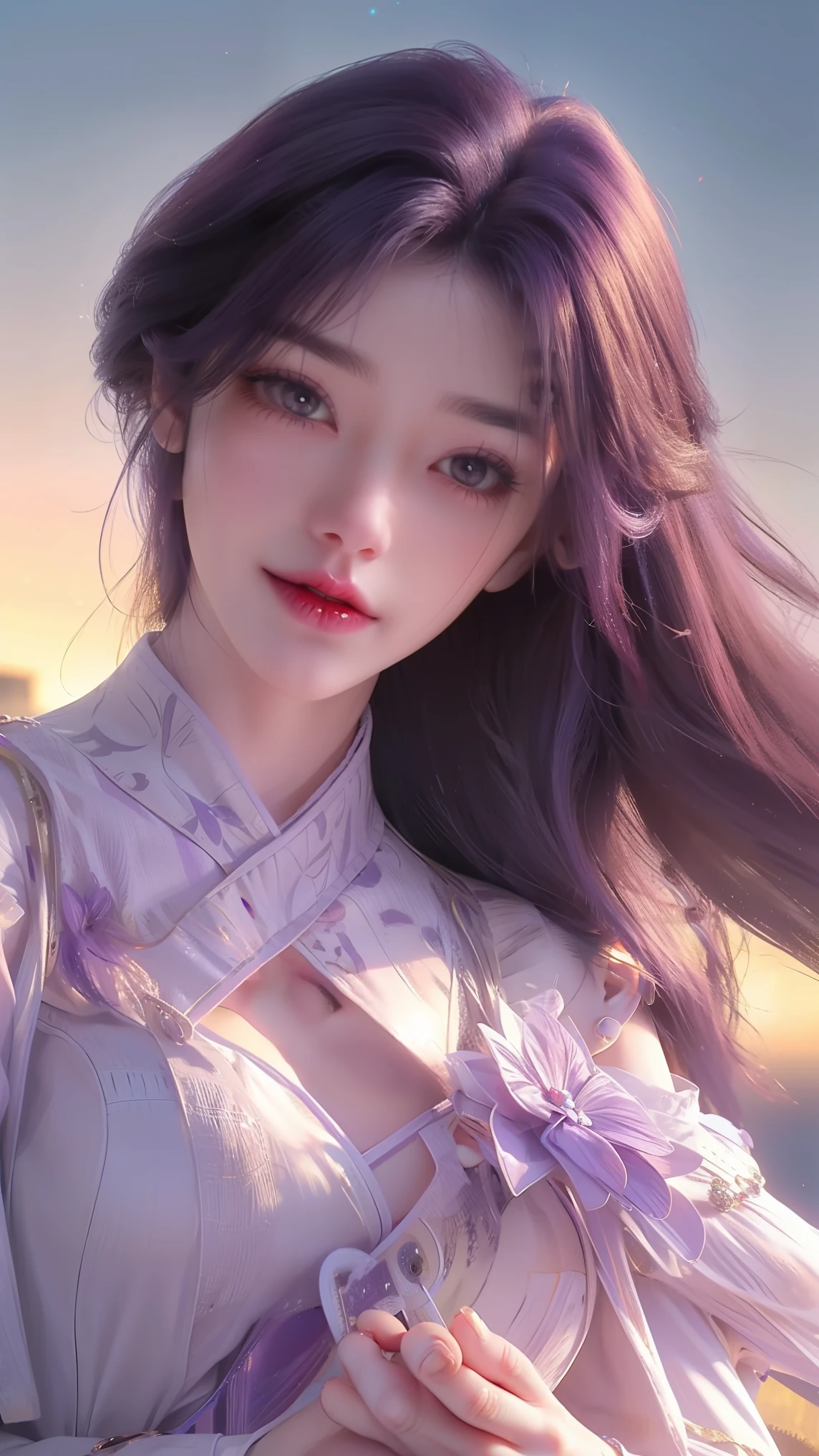 1girl, cheerful girl, purple hair, carefree and happy, smiling, laughing, The girl is wearing a beautiful dress, the girl's eyes are bright and sparkling, very beautiful, cute and sweet