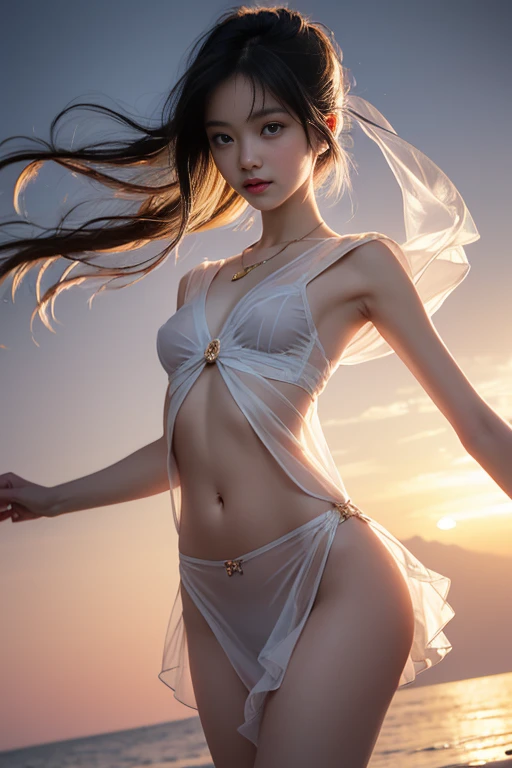 Real-world scenarios，In the desert，on dune，dune，A young and beautiful Korean woman，Wearing a transparent see-through gauze skirt，scarf，Strong wind blows the gauze skirt，The gauze skirt floats very long，Floating in the air，Show a woman’s perfect figure，The buttocks are large and round，Straight big breasts，looming，The outline of the pubic bone is clearly visible，Big gap at the base of thigh，camel toe，huge ，The crotch area is shining with light，sunshine on face，High-heeled sandals，Graceful and luxurious，Highly detailed facial details，True skin texture，Detailed finger details，People in sharp focus，Professional Sony Camera，Character distance shot，wide angle，Best resultore intricate details，Best resolution 8k quality，HD quality，a lot of color saturation，contrast clear，High quality finger details