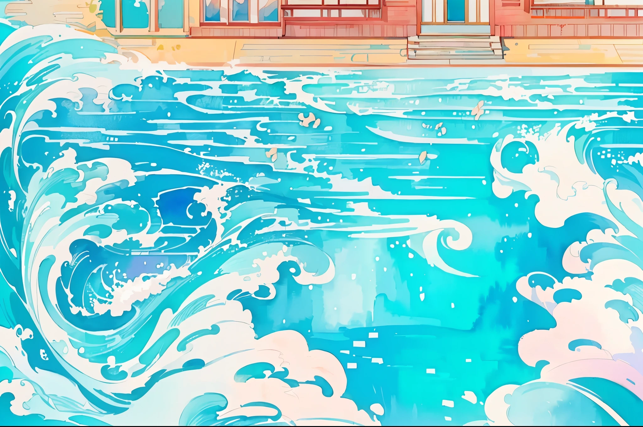 Anime style house and ocean waves scene, anime background art, background art, Colorful animated movie background, anime background, Highly detailed watercolor 8k, Highly detailed watercolor 8k, Makoto Shinkai Cyril Rolando, Xin Haicheng style, Mengbo Aesthetics, Fantasy psychedelic animation, A beautiful artistic illustration