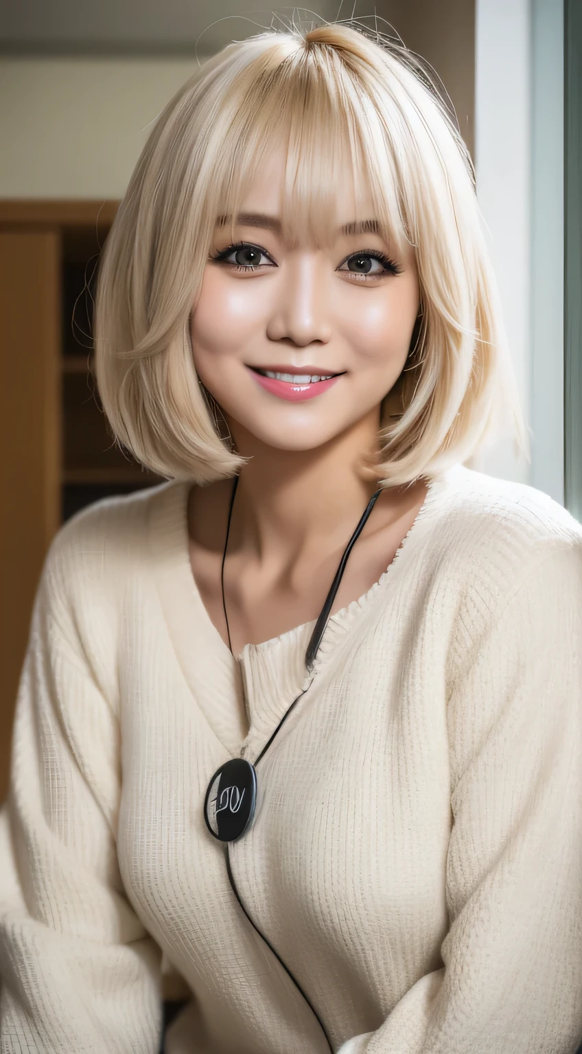 (top-quality、8K、​masterpiece)、1 girl in、beautfull Japanease woman、Beautiful Women in Perfect Style：1.4、finerly detailed face、(a blond)、makeup、A smile、Kimono、large full breasts、full bodyesbian