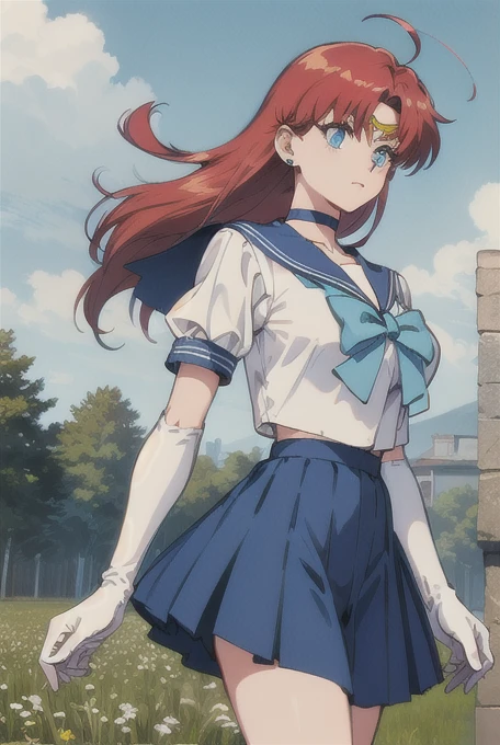 masterpiece, highest quality, High resolution, SV1, sailor warrior uniform, elbow bag, tiara, red bow, orange choker, orange sailor color, white gloves, jewelry, white leotard, outdoor, street, cowboy shot, butt, from behind, perfect face, perfect eyes, lips, blush, big breasts, towards the wall