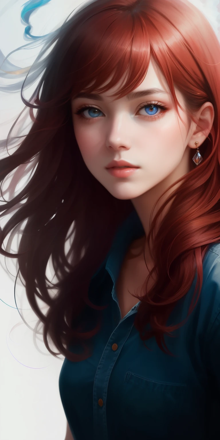 A woman with red hair and blue eyes is looking at the camera - SeaArt AI