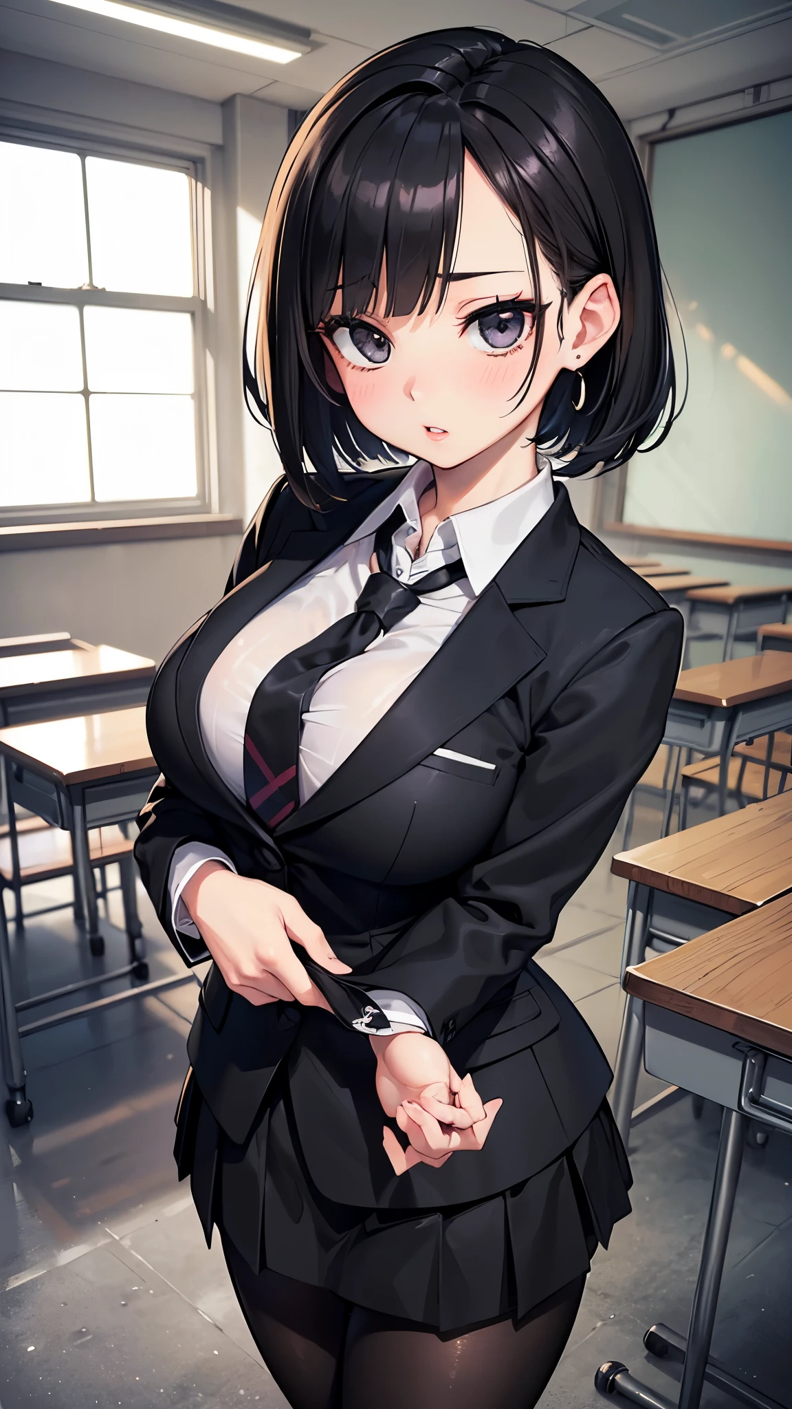 Adult women、(​masterpiece:1.4)、(in 8K、realisitic、Raw photo、top-quality:1.4)、(Real Face:1.4)、(real looking skin:1.3)、超A high resolution、A hyper-realistic、Brown eyes、high detailing、cute  face、耳环、black hair shorthair、Office Worker、Black jacket、White collared shirt、Black pants、(huge-breasted:1.5)、Blushing、meeting room、to stand、a bunch of files and documents