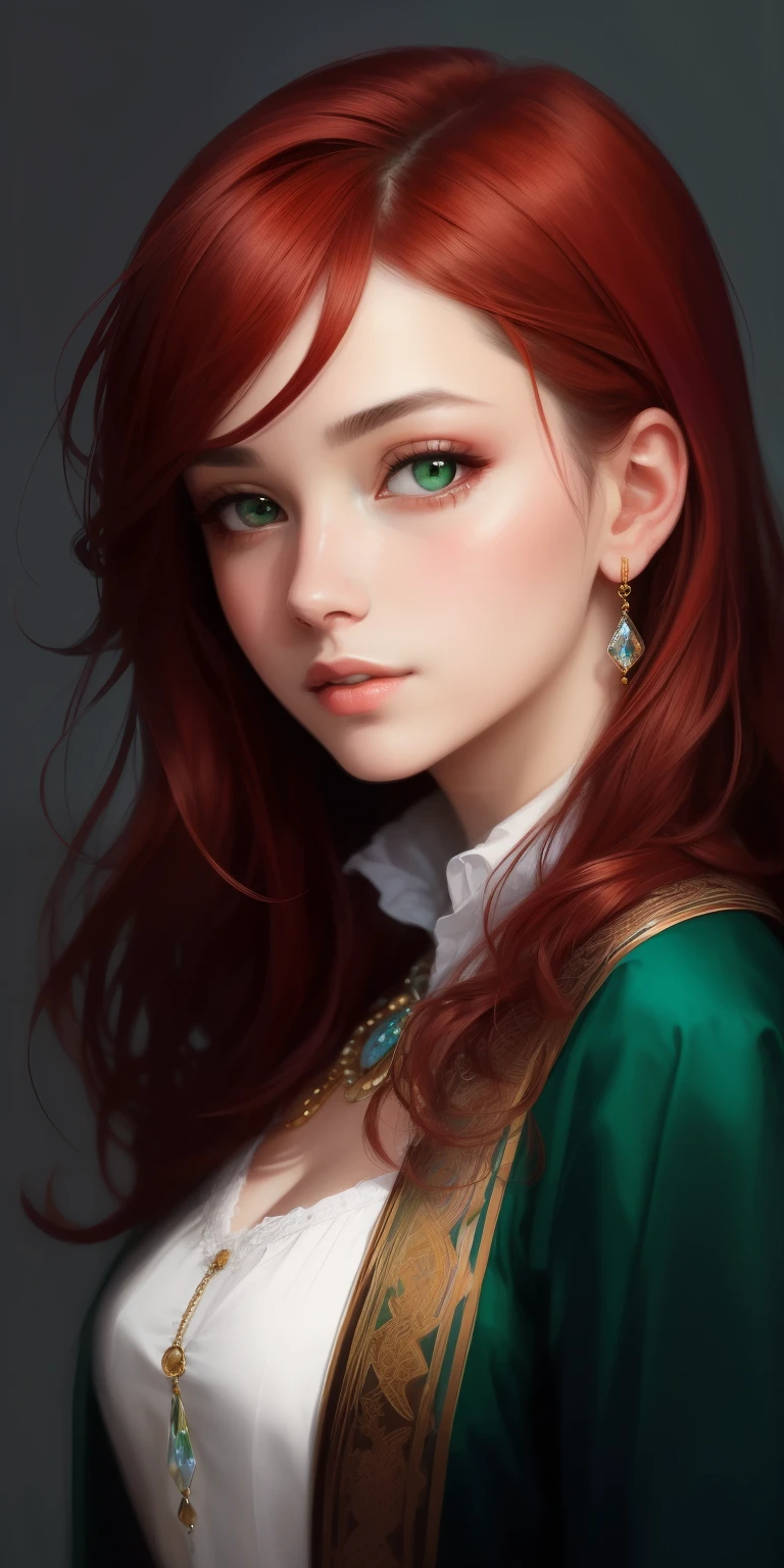 The face of a young woman, green eyes, red curls, nose piercing, ear rings, full lips, index finger in front of the lips, head on side, detailed face, realistic, datailed lips, busty