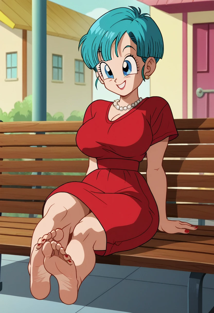 source_animé, puntaje_9, puntaje_8_arriba, puntaje_7_arriba, animé screencap,8k, absurdo res, Bulma, 1 girl, solo, blue hair, short sleeves, barefoot, soles, feet, toes, feet focus, sitting on bench, floor, building, outdoors, big breasts, wide hips, seductive smile, seductive look, red elegant dress, big breasts