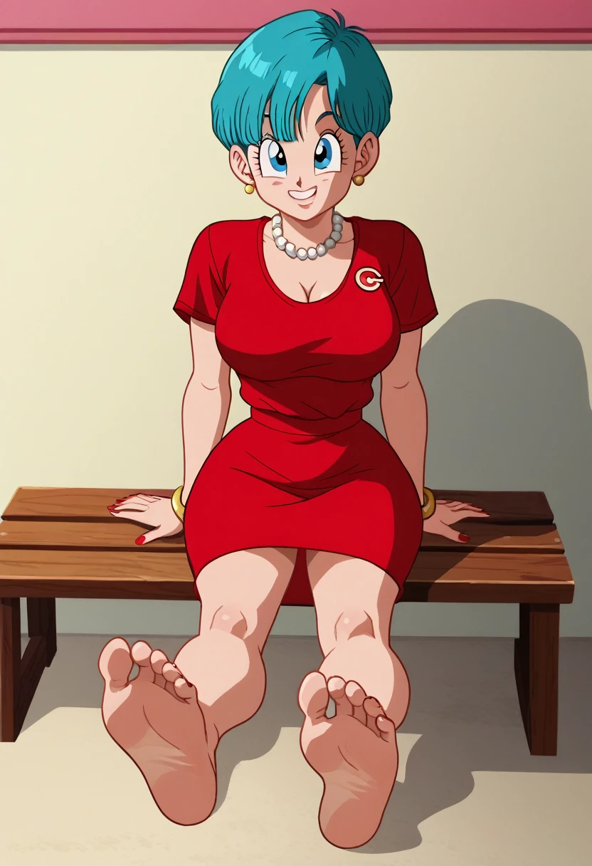 source_animé, puntaje_9, puntaje_8_arriba, puntaje_7_arriba, animé screencap,8k, absurdo res, Bulma, 1 girl, solo, blue hair, short sleeves, barefoot, soles, feet, toes, feet focus, sitting on bench, floor, building, outdoors, big breasts, wide hips, seductive smile, seductive look, red elegant dress, big breasts