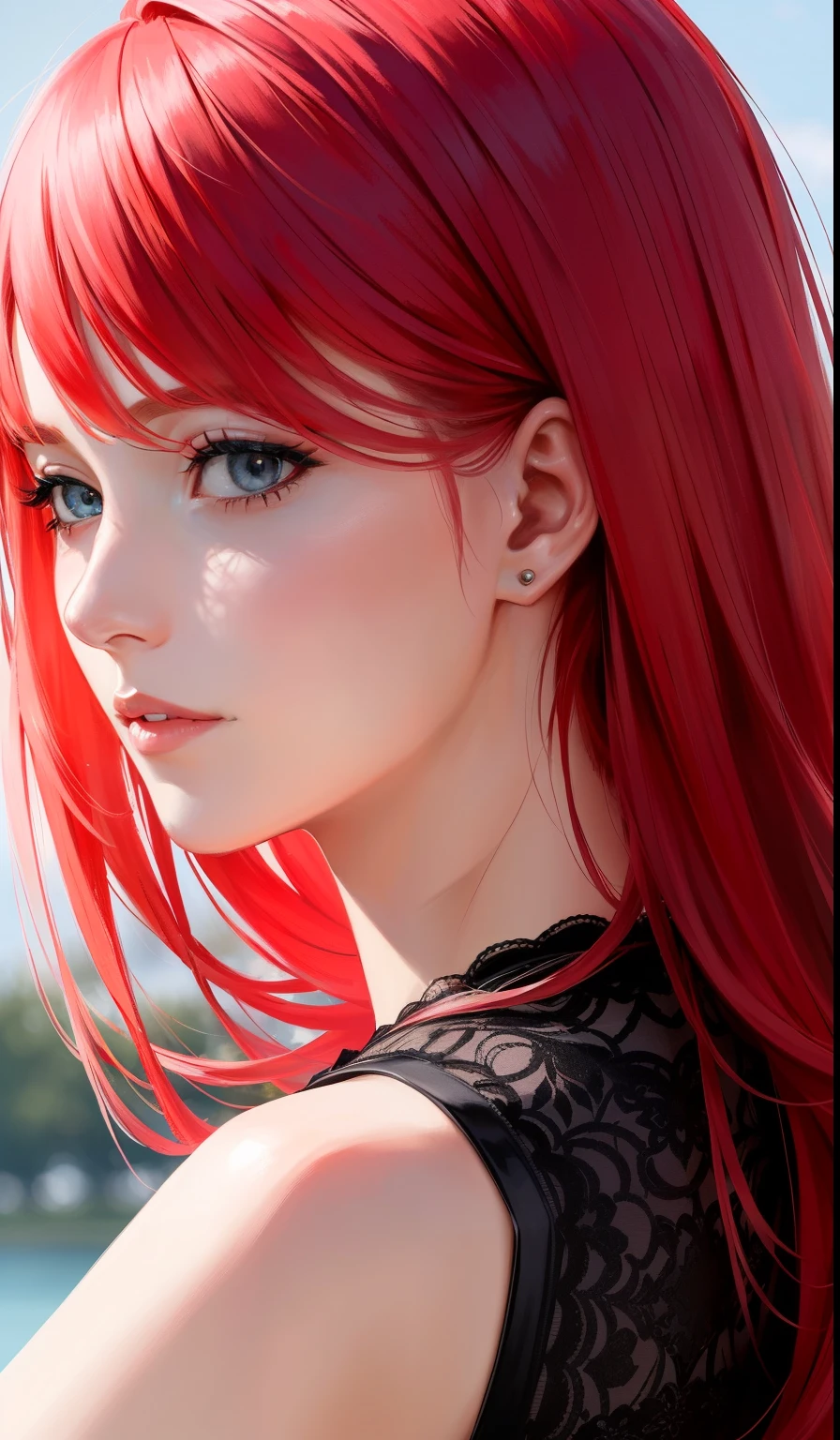 "((((realistic))), ((((woman)))), straight from real life, with (hair_red) red hair, painting a picture, shade of a tree, intense and voluminous red hair, flowing dress, side photo)