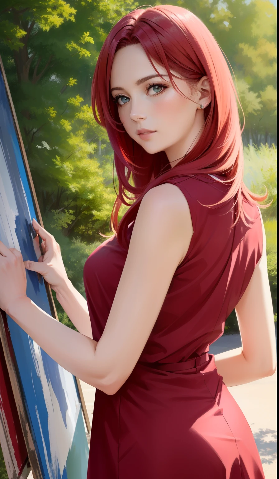 "((((realistic))), ((((woman)))), straight from real life, with (hair_red) red hair, painting a picture, shade of a tree, intense and voluminous red hair, flowing dress, side photo)