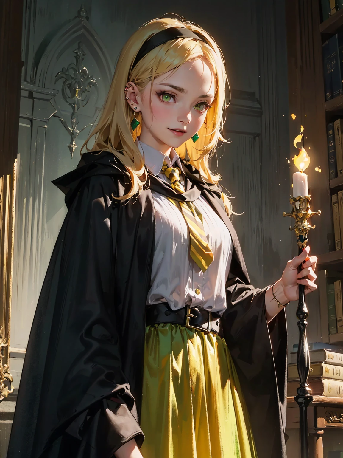 ((Magical world)). ((The young witch is wearing the Hogwarts School of Witchcraft and Wizardry uniform)). ((Yellow striped tie)). ((Yellow skirt)). ((Black sweater)). ((Black cloak)). ((Black headband)). ((Hufflepuff)). From waist to head. Smiling. Smirking. ((Piercings)). ((Accessories)). ((The location is a dark library)). Holding a wand. ((Surrounded by magic)). A realistic young woman with shiny long blonde hair. The bangs fall across her forehead, and her ((emerald green, highly detailed, glowing eyes)) shine coldly and sharply, giving off a cool and smart aura. Her youthful appearance is characterized by thin eyebrows and thin lips. ((Dark horror)). ((Overall dark tone)). ((Highest quality)). ((Ultra-detailed)). ((Premium quality)).