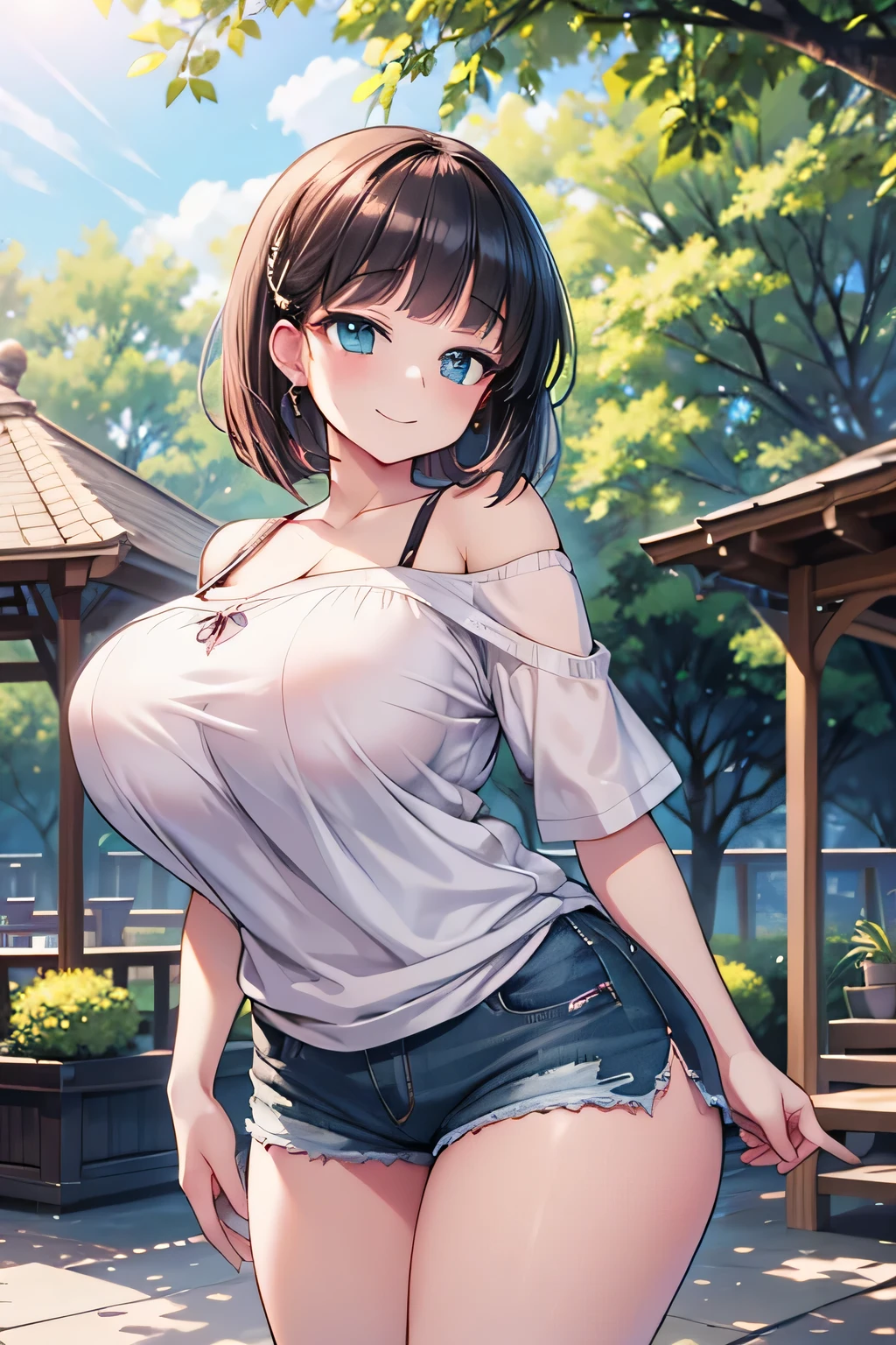 Anime illustration、High resolution、A sad smile、A short, busty, chubby gal、Natural Parks、Shaded gazebo、Neat off-shoulder shirt、Shorts、Bobbed hair、Appealing sexual attraction、Perfect proportions、Cowboy Shot、Fatty thick legs、Sharp Eyes、Draw hands correctly