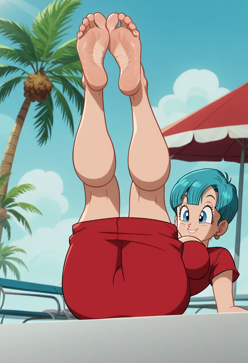 source_animé, puntaje_9, puntaje_8_arriba, puntaje_7_arriba, animé screencap,8k, absurdo res, Bulma, 1 girl, solo, blue hair, short sleeves, barefoot, soles, feet, toes, feet focus, sitting on bench, floor, building, outdoors, big breasts, wide hips, seductive smile, seductive look, red elegant dress, big breasts, feet up, legs up