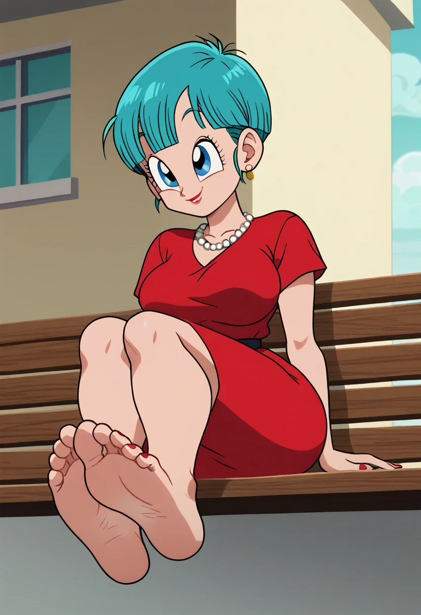 source_animé, puntaje_9, puntaje_8_arriba, puntaje_7_arriba, animé screencap,8k, absurdo res, Bulma, 1 girl, solo, blue hair, short sleeves, barefoot, soles, feet, toes, feet focus, sitting on bench, floor, building, outdoors, big breasts, wide hips, seductive smile, seductive look, red elegant dress, big breasts, feet up, legs up