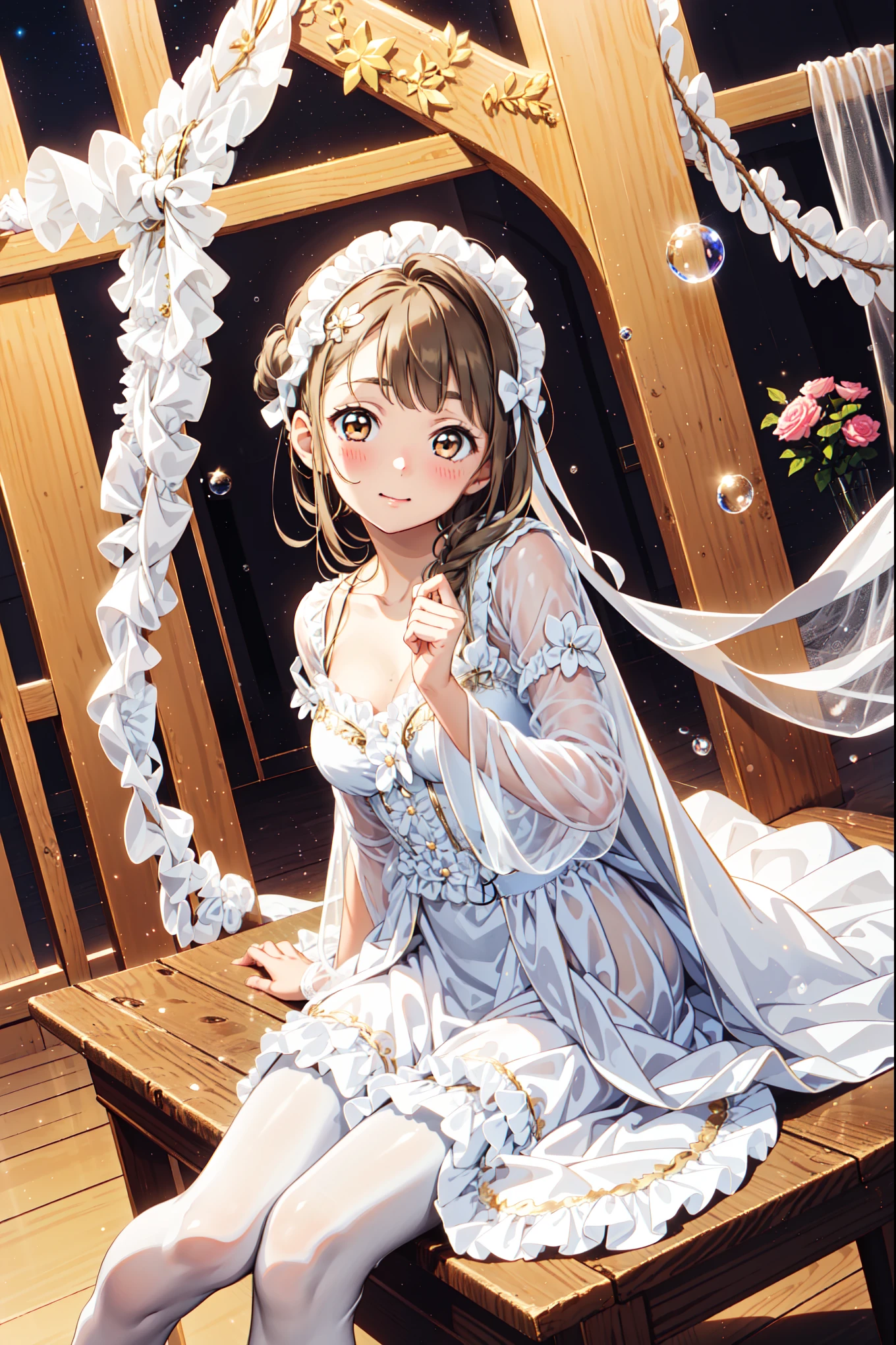 Teen Girls，，have fun，in love，(Girl in white modern shirt and robe，Wearing pantyhose:1.2)，(Black Ruffle Bow Gloves)，Lace，Wrinkles，Bubble Skirt，Lovely decoration，Brown hair，Golden Eyes，White hair sacred headdress，透明Lace，Exquisite clothing，Alone，European bedroom，(night:1.1)，Delicate and beautiful face