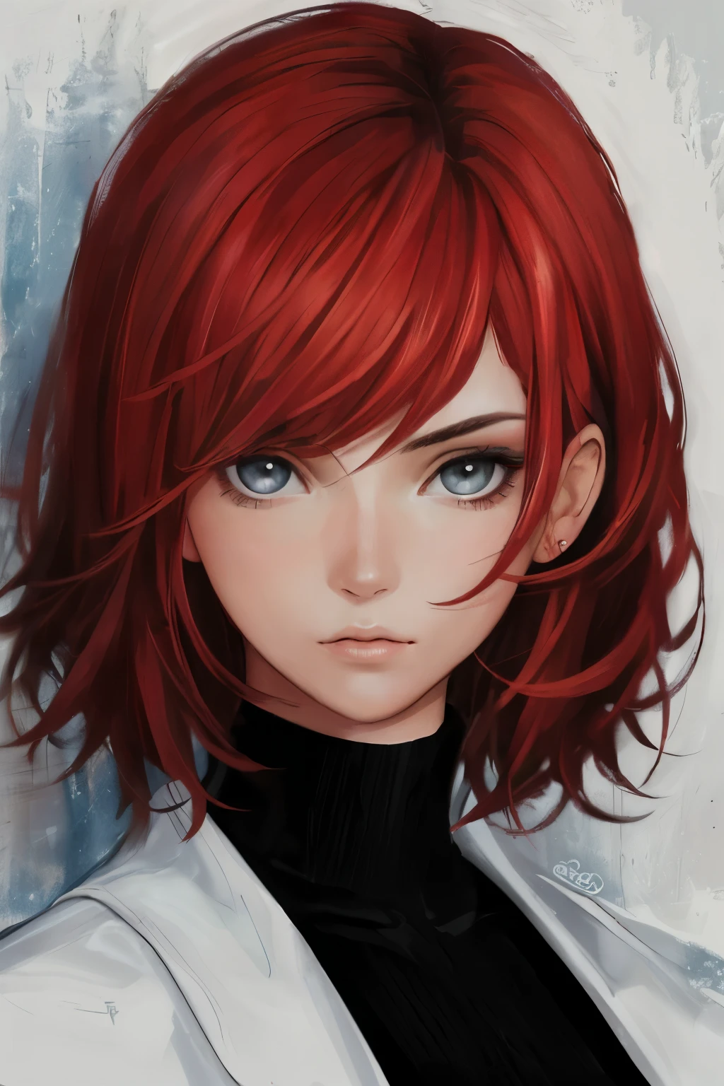 A painting of a woman with red hair and a white jacket - SeaArt AI
