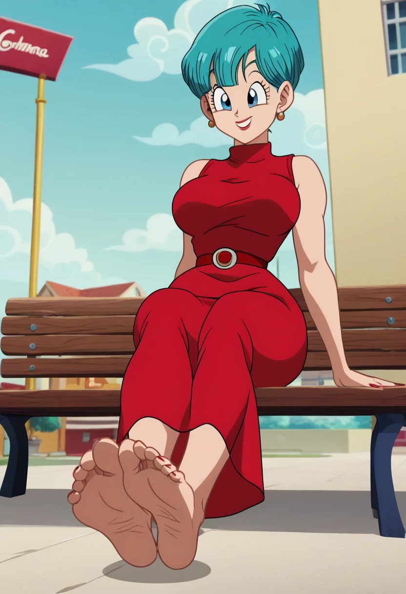 source_animé, puntaje_9, puntaje_8_arriba, puntaje_7_arriba, animé screencap,8k, absurdo res, Bulma, 1 girl, solo, blue hair, sleeveless dress, barefoot, soles, feet, toes, feet focus, sitting on bench, floor, building, outdoors, big breasts, wide hips, seductive smile, seductive look, red elegant dress, big breasts, feet up, legs up, parted lips,