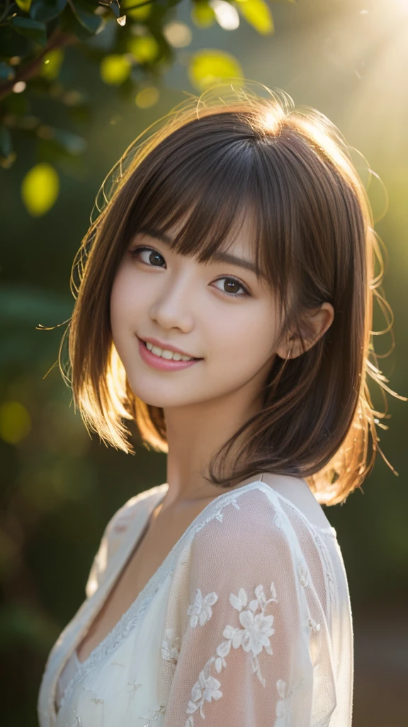 (highest quality,8K quality,masterpiece:1.3),(ultra high resolution,photorealistic:1.4,Live shooting),(Super detailed,caustics),(ultra-realistic capture,Beautifully detailed skin),19-year-old,beautiful Japanese, medium hair, messy hair, asymmetrical bangs, brown hair, Smiling and looking at the camera,soft light,A ray of light shining from above,Natural light,