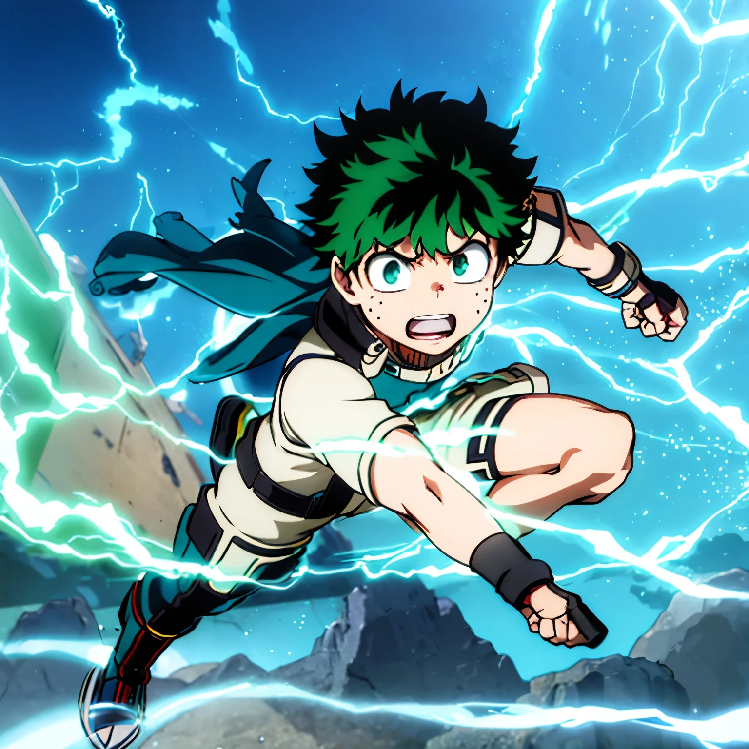 Izuku Midoriya, running towards the viewer, spiky green hair, bright green eyes, freckles on cheeks, determined expression, wearing green jumpsuit with black and white highlights, red boots, gauntlet on arm, green lightning bolts crackling around him, body leaning forward, one arm extended for a punch, other arm pumping while running, background blurred to emphasize speed, dynamic cloudy sky, flashes of lightning, intense atmosphere.