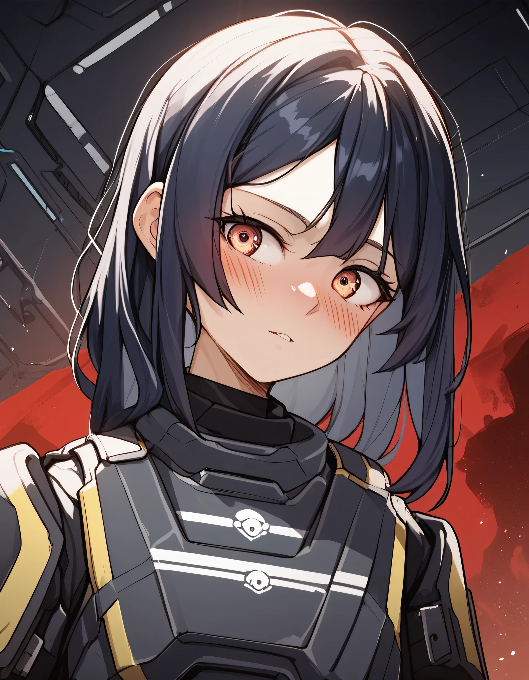 1girl, solo focus, female, slim, anime, long fluffy hair, helldiver, blushing, spaceship background, score_9, score_8_up, score_7_up, score_6_up, score_5_up, score_4_up, soft shading