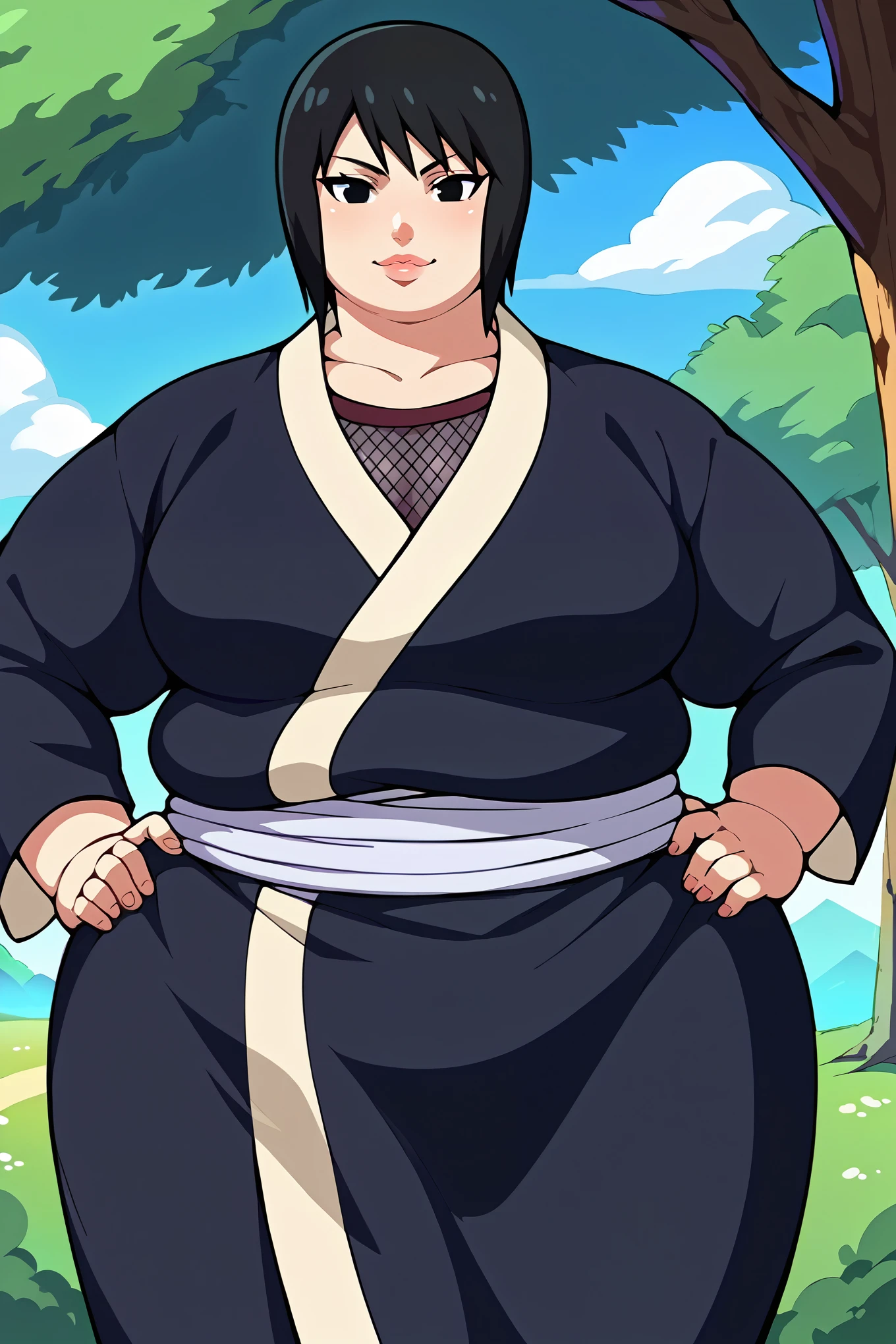 score_9, score_8_up, score_7_up, score_6_up, source_anime BREAK 1girl, solo, shizune, black hair, black eyes, black kimono, (big breasts:0.6), looking at you, hand on hip, light smile, blue sky, tree, fat, chubby, obese, big lips 