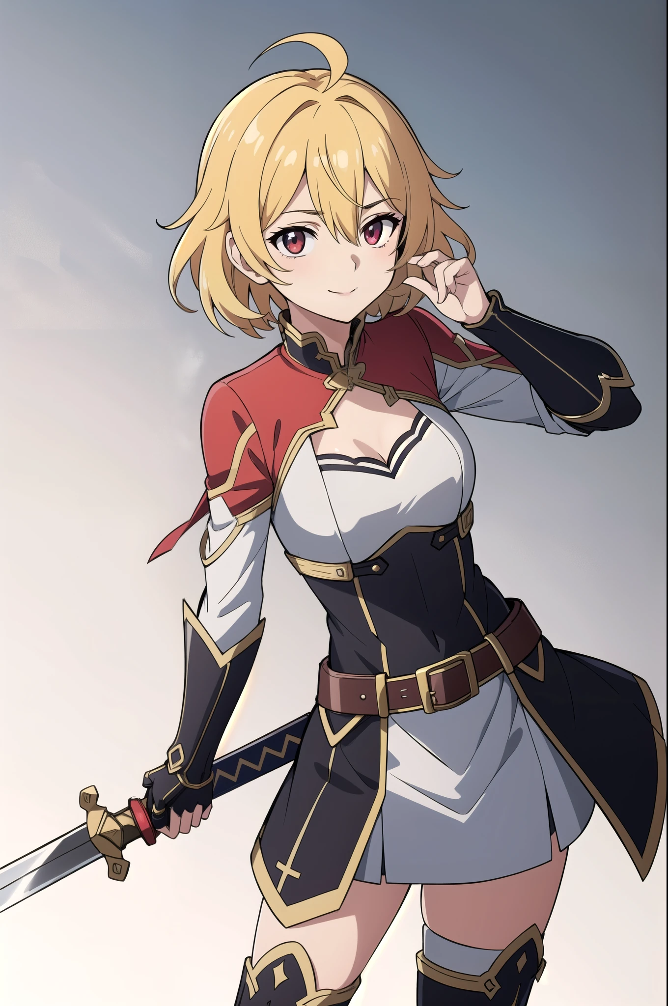 (high-quality, breathtaking),(expressive eyes, perfect face) 1girl, female, solo, Sword Art Online, mature, half open eyes, Alicization, Symmetrical Eyes, simple background, gentle smile, Short hair, fantasy outfit, SAO inspired, maomao, armor, chest plate, sword art online outfit, cowboy shot, medium full shot, light blonde hair, bangs, alluring red eyes, large breasts, knight attire, Bicep-high Gauntlets, Armored Boots, Thigh-high Heeled Boots, Armored Gauntlets, Adventurer gear, battle Skirt, black white and gray palette, gray clothes, maroon accents on clothes, hair between eyes, fluffy wavy hair, half open eyes, hair over one eye, small Ahoge, pale blonde hair color