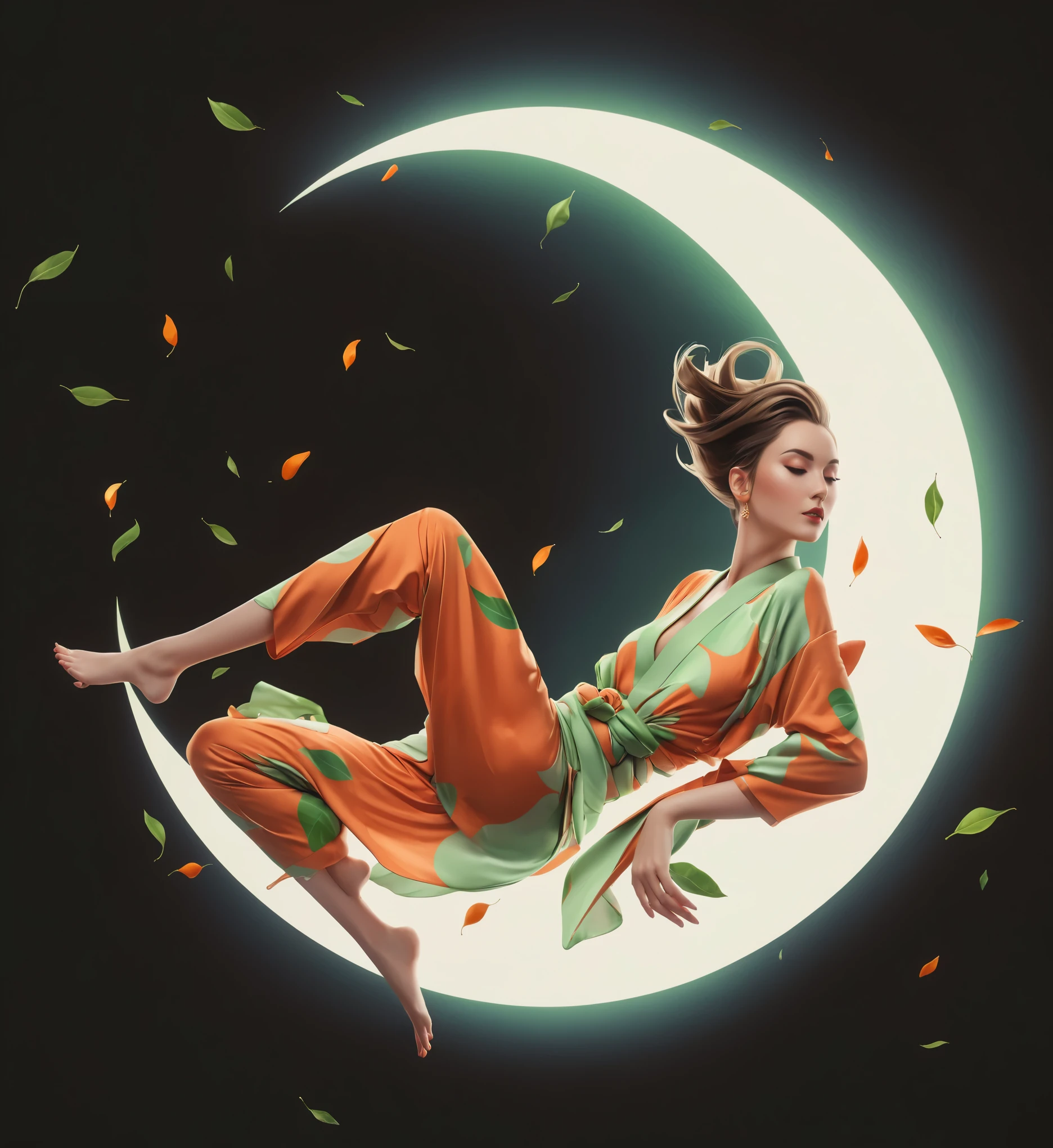 Elf female, feminine look, sexy hair, green outfit, leaves around body, swirling air movement, wide angle, full body view, loose fabric, geometric shapes, small breasts, sherbet pattern kimono, persimmon, up-do hair, Bauhaus, geometric shapes