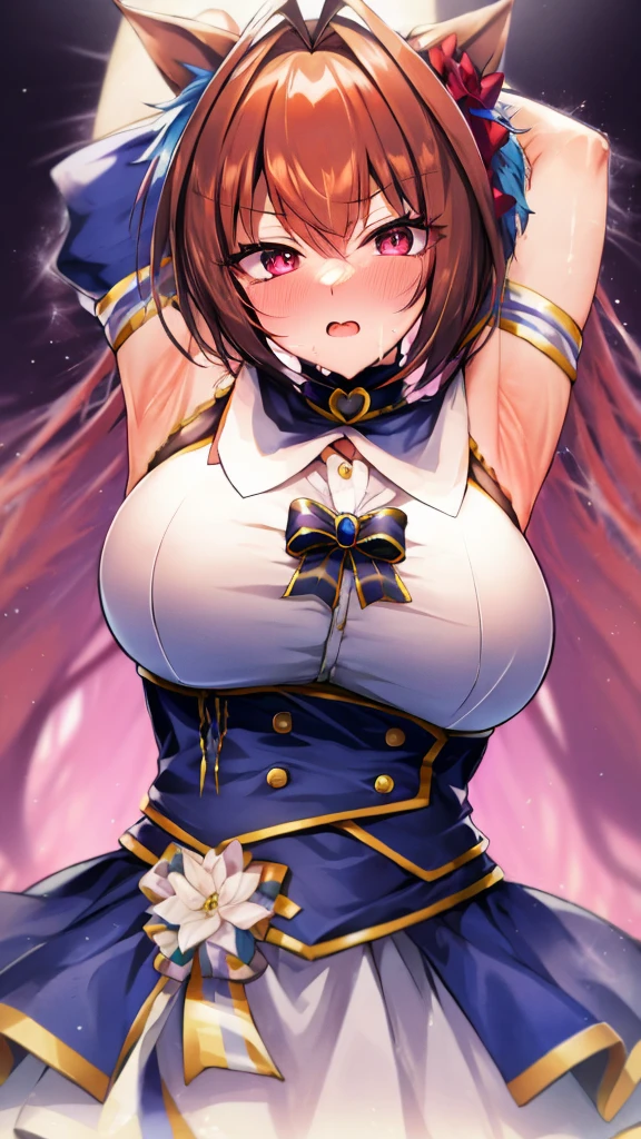 Daiwa Scarlet、Aroused expression、Drooling、blush、Breasts bigger than the face、Arms raised to show armpits、ネグリジェを着ている
