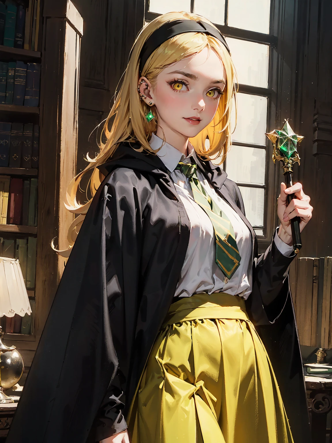 ((Magical world)). ((The young witch is wearing the Hogwarts School of Witchcraft and Wizardry uniform)). ((Yellow striped tie)). ((Yellow skirt)). ((Black sweater)). ((Black cloak)). ((Black headband)). ((Hufflepuff)). From waist to head. Smiling. Smirking. ((Piercings)). ((Accessories)). ((The location is a dark library)). Holding a wand. ((Surrounded by magic)). A realistic young woman with shiny long blonde hair. The bangs fall across her forehead, and her ((emerald green, highly detailed, glowing eyes)) shine coldly and sharply, giving off a cool and smart aura. Her youthful appearance is characterized by thin eyebrows and thin lips. ((Dark horror)). ((Overall dark tone)). ((Highest quality)). ((Ultra-detailed)). ((Premium quality)).