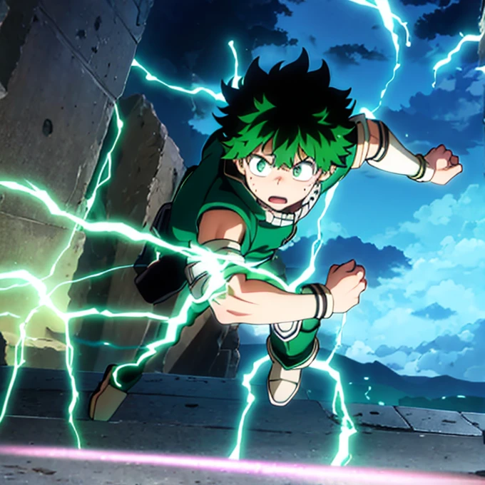 Izuku Midoriya, running towards the viewer, spiky green hair, bright green eyes, freckles on cheeks, determined expression, wearing green jumpsuit with black and white highlights, red boots, gauntlet on arm, green lightning bolts crackling around him, body leaning forward, one arm extended for a punch, other arm pumping while running, background blurred to emphasize speed, dynamic cloudy sky, flashes of lightning, intense atmosphere.