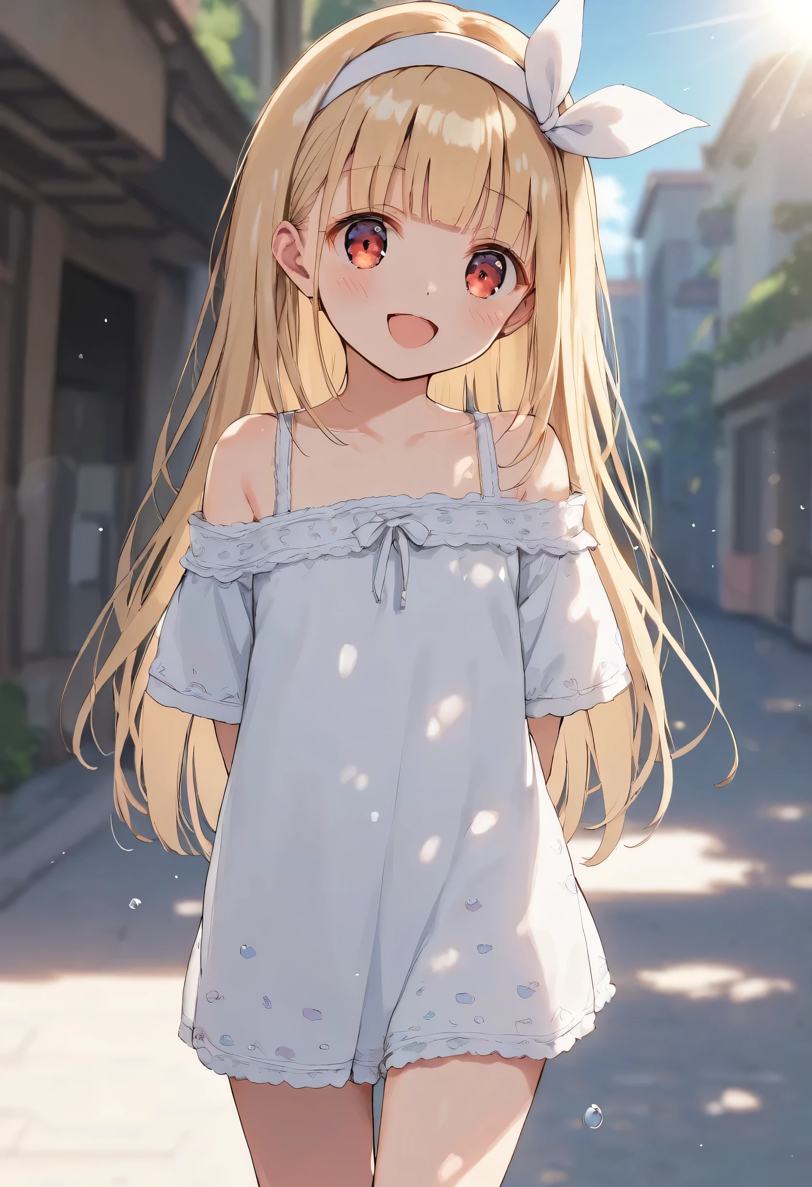 score_9, score_8_up, score_7_up, score_6_up, score_5_up, score_4_up, masterpiece, best quality, source_anime, 
solo,cute 1girl,(child1.5),blonde hair,straight long hair,blunt bangs,white ribbon hairband,red eyes,blush,open mouth smile,white off shoulder shirt,pastel hues,walking in the seaside path,blurred edges,nostalgic mood,(dappled sunlight:1.2),blurry,(depth of field:1.1),arms behind back,Mediterranean Buildings,blue sky
