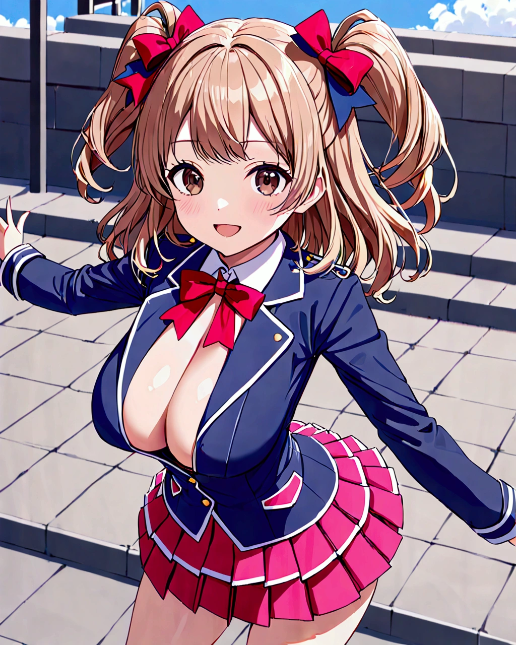 (best quality), (beautiful), (masterpiece), petite, 1girl, upper body above the knees, (exposed idol costume, navy blue spencer jacket, pleated miniskirt:1.2), light smile, open mouth, light brown hair, medium hair, wave hair, two side up with ribbon, dark brown eyes, large breasts, looking at viewer, confident pose, outdoor stage