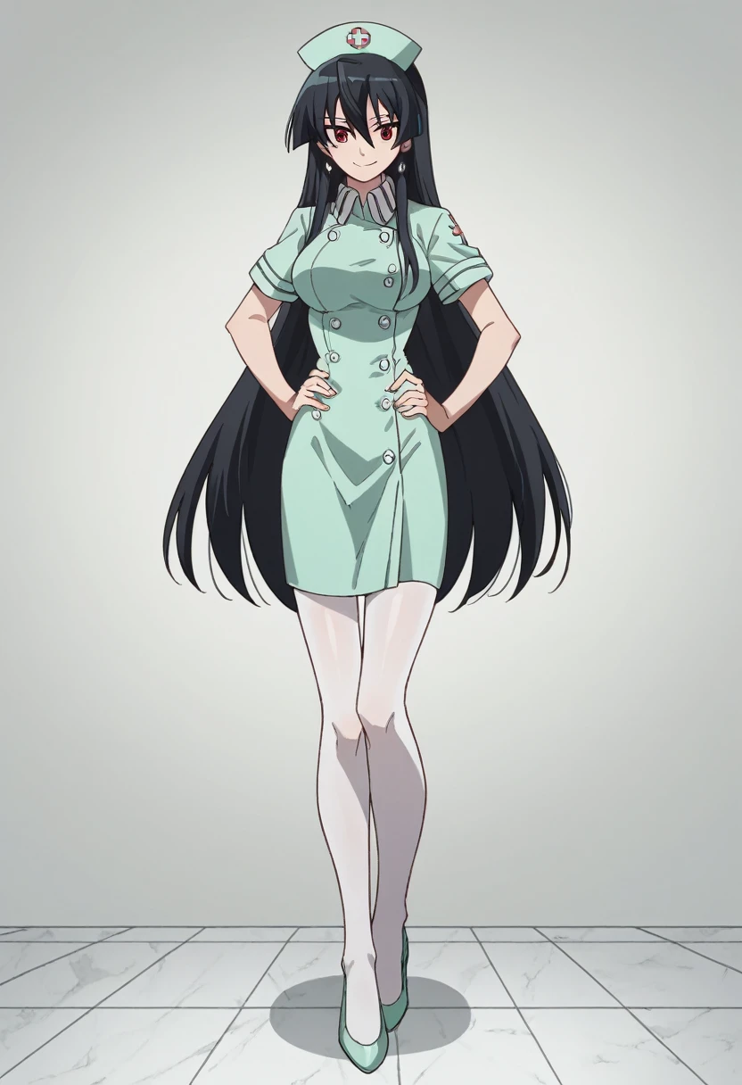 1girl,solo,akame, long hair, black hair, red eyes, hair between eyes,hud_nrse_vintg, white nurse cap, white pantyhose, mint green dress, white buttons, short sleeves, jewelry, earrings, breasts, mint green high heels,standing,hands on hip,smile face,background in hospital