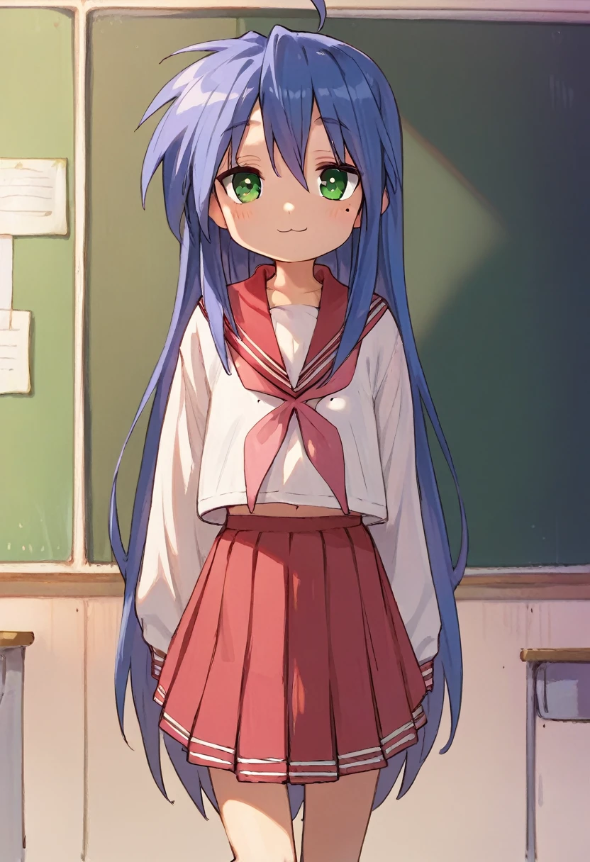 (master piece), (best quality), (8k), (ultra high resolution), (highest quality), (anime style), (best writing), (beautiful face), (masterpiece), (highest quality), (detailed beautiful face and eyes), (textile shading), (cowboy shot), (classroom), Konata Izumi, 1girl, solo, long hair, ahoge, green eyes, mole, serafuku, red skirt, red sailor collar, shoes, brown tighhighs, flat chest, beautiful breasts, walking, smile,,