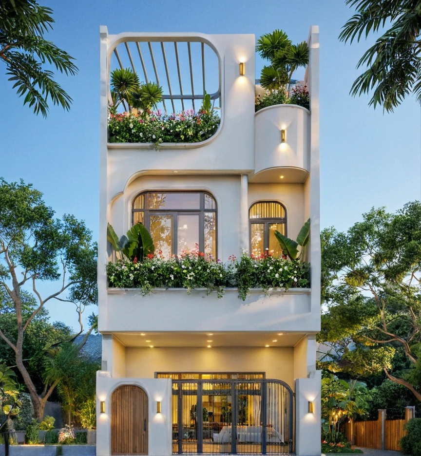 The house has 2 floors and 1 attic with a terrace. tall and narrow, modern design, steel gate and wooden details in harmonious color combination to flatter the eye. The outside is painted white, the front wall has many curves. Mix 6    outstanding colors with white as the main color. Outstanding colors combine in soft curves. The house has windows on all sides and (wooden and iron ceilings: 1,2). Materials include black steel and wood. The attic has a tree growing on the middle column in bright floral colors, blue and wood. Surrounded by tropical vegetation. The scene was shot from a 24mm perspective, with soft, natural lighting highlighting textures and materials, creating soft shadows that highlight the curves of the front wall and wooden details.