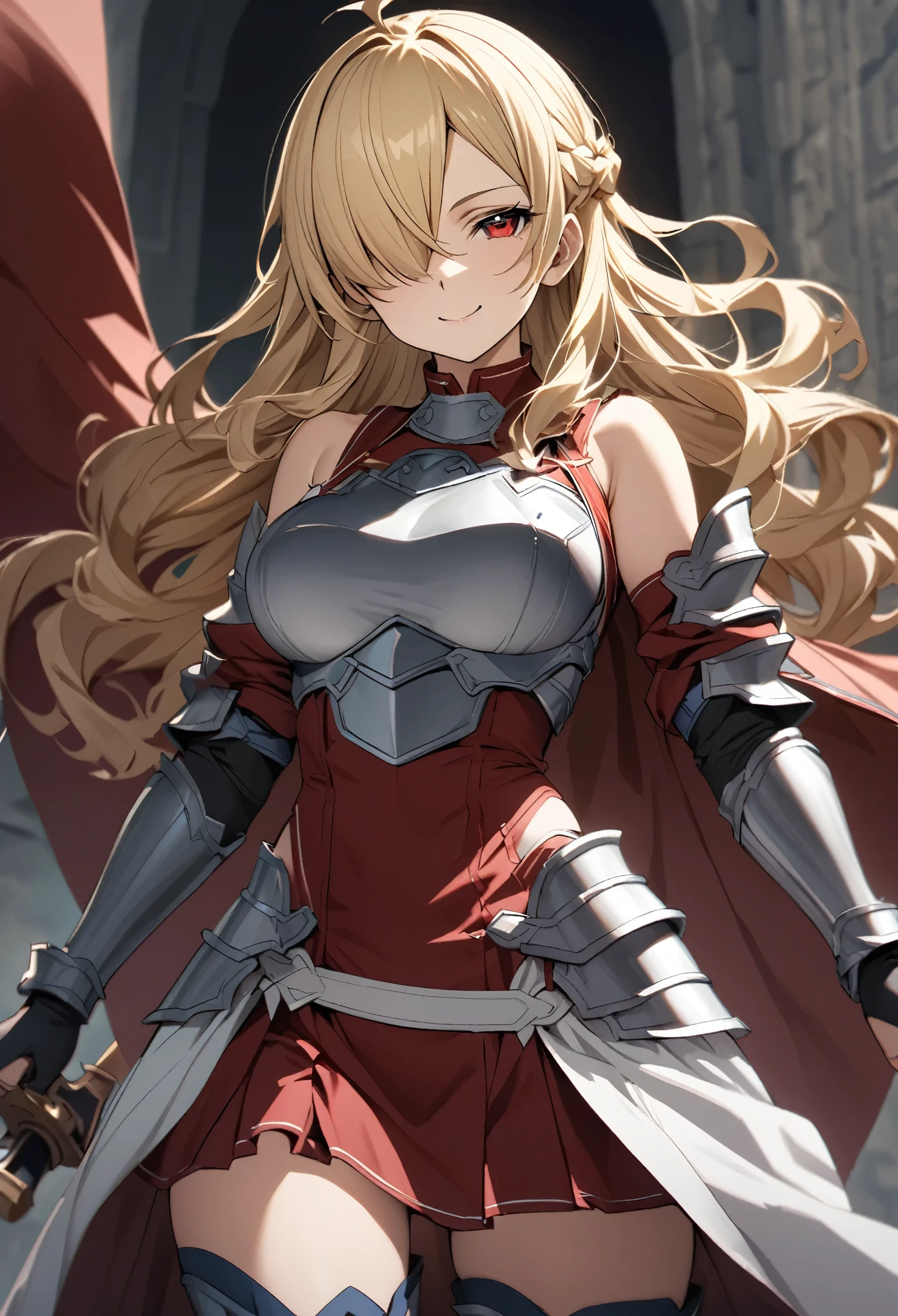 (high-quality, breathtaking),(expressive eyes, perfect face) 1girl, female, solo, Sword Art Online, mature, half open eyes, Alicization, Symmetrical Eyes, simple background, gentle smile, long hair, fantasy outfit, SAO inspired, maomao, armor, chest plate, sword art online outfit, cowboy shot, medium full shot, light blonde hair, bangs, alluring red eyes, large breasts, knight attire, Bicep-high Gauntlets, Armored Boots, Thigh-high Heeled Boots, Armored Gauntlets, Adventurer gear, battle Skirt, black white and gray palette, gray clothes, maroon accents on clothes, hair between eyes, fluffy wavy hair, half open eyes, hair over one eye, small Ahoge, pale blonde hair color, bright red eye color