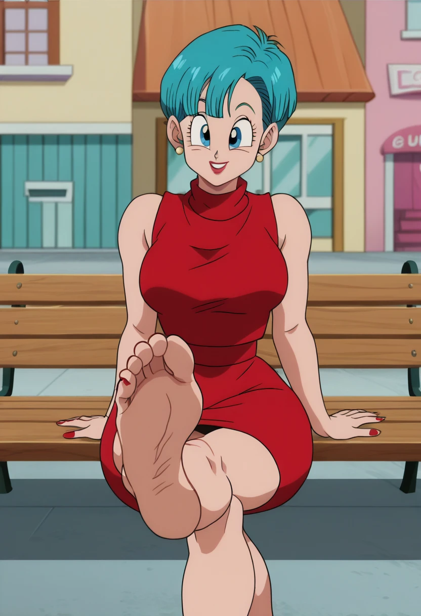 source_animé, puntaje_9, puntaje_8_arriba, puntaje_7_arriba, animé screencap,8k, absurdo res, Bulma, 1 girl, solo, blue hair, sleeveless dress, barefoot, soles, feet, toes, feet focus, sitting on bench, floor, building, outdoors, big breasts, wide hips, seductive smile, seductive look, red elegant dress, big breasts, feet up, legs up, parted lips,