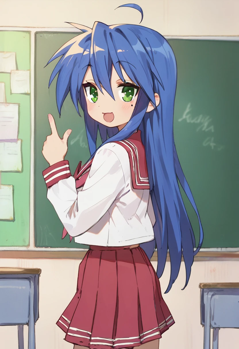 (master piece), (best quality), (8k), (ultra high resolution), (highest quality), (anime style), (best writing), (beautiful face), (masterpiece), (highest quality), (detailed beautiful face and eyes), (textile shading), (cowboy shot), (classroom), Konata Izumi, 1girl, solo, long hair, ahoge, green eyes, mole, serafuku, red skirt, red sailor collar, shoes, brown tighhighs, flat chest, beautiful breasts, smile, looking back, from behind, thumbs up,,