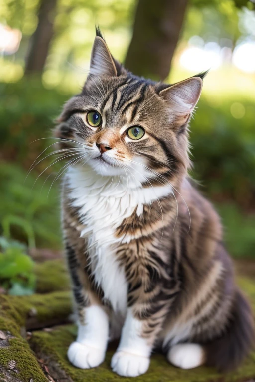(medium full shot) of (sleek cat) with gray rosetted fur, hazel eyes, climbing a tree, set in a quiet forest with a babbling brook, chirping birds, a peaceful ambiance, at night, ,Masterpiece,best quality, raw photo, realistic, very aesthetic