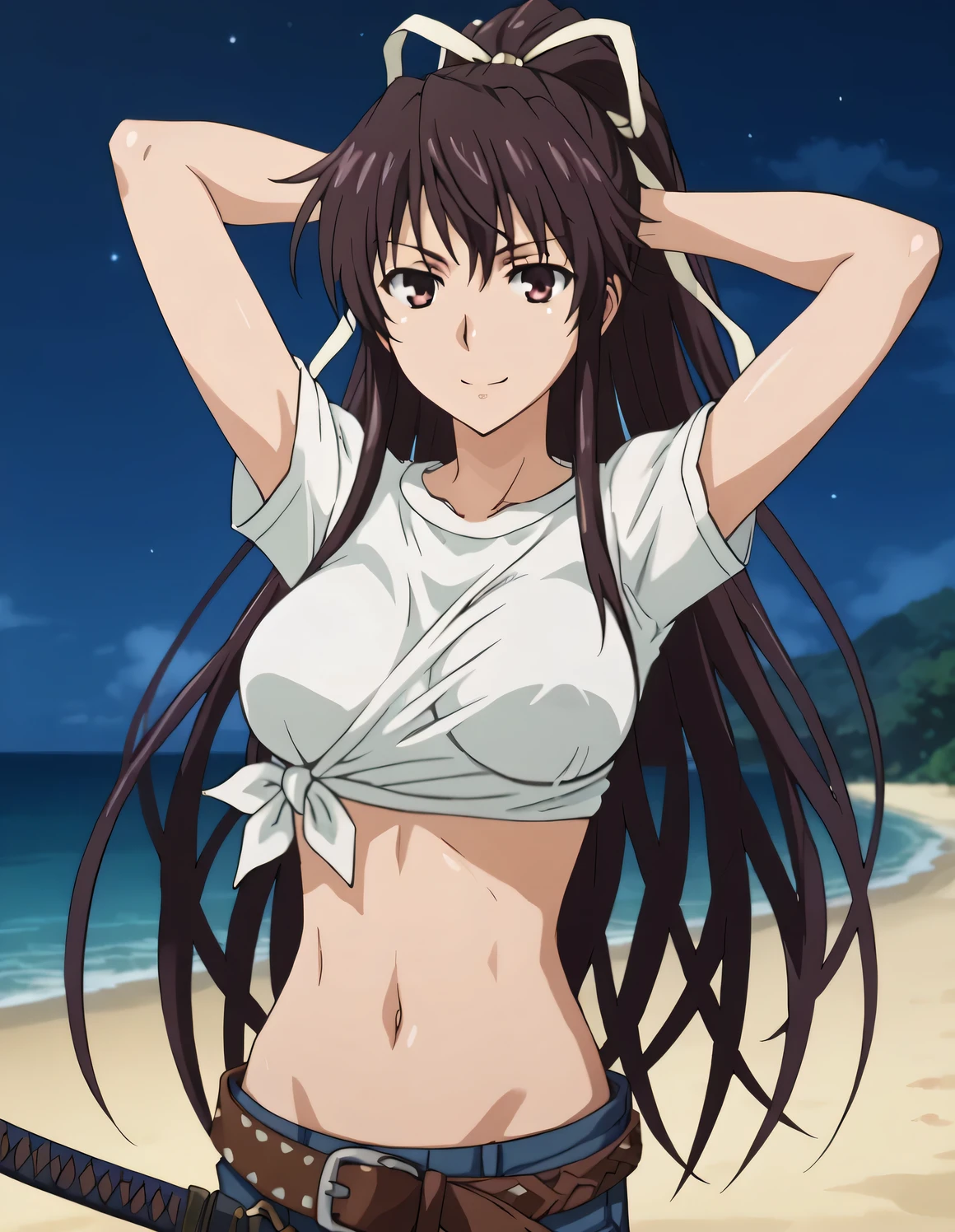 kaori kanzaki, solo, long hair, looking at viewer, ribbon, breasts, asymmetrical clothes, ponytail, katana, very long hair, tied shirt, belt, denim, navel, shiny skin, high quality, closed mouth, looking at viewer, showing armpit, looking at viewer, solo, {contrapposto}, spread armpit, arms behind head, smile, looking at viewer, cowboy shot, closed mouth, night sky, beach, best quality,