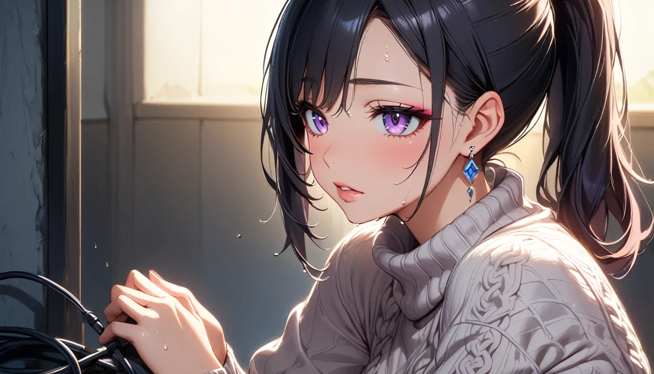 1boy,1woman,mature woman licking penis,handjob,woman,black hair,woman focus,sweaty,bukkake on face,formal blouse,at nightclub,cum,detailed skin,bangs up hair,sucking,short wavy hair,eyelash,earring,penis in mouth,rolling up eyes,