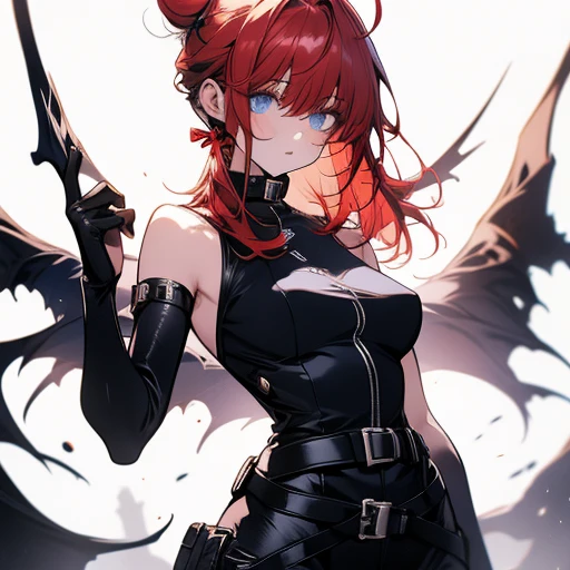 1girl,solo,girl wide hips, girl, blue eyes, hair ornament, ahoge,,Ghastly, large goggles, red hair ,blue eyes, hair bun, lips, black elbow gloves, red bodysuit, black thigh boots, belt,Facial expression