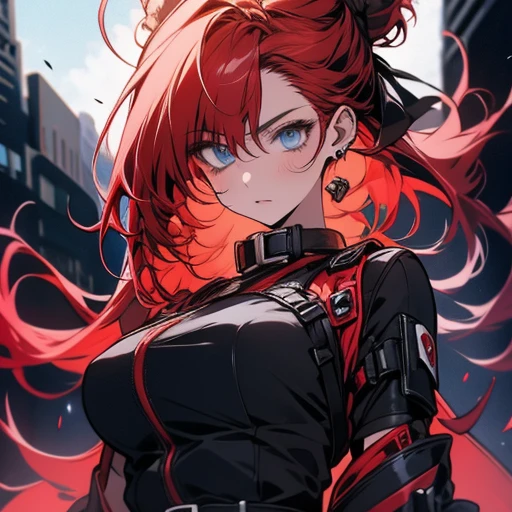 1girl,solo,girl wide hips, girl, blue eyes, hair ornament, ahoge,,Ghastly, large goggles, red hair ,blue eyes, hair bun, lips, black elbow gloves, red bodysuit, black thigh boots, belt,Facial expression