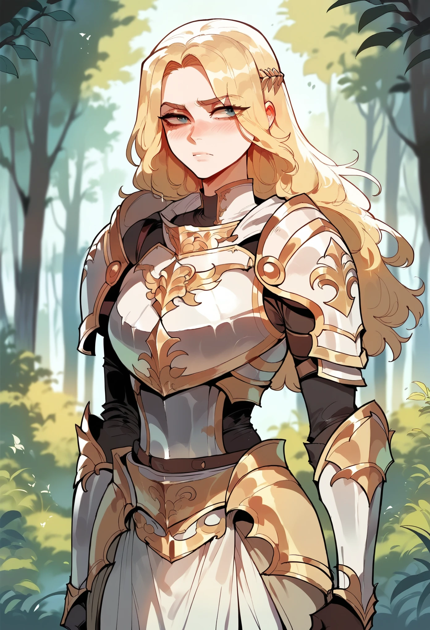 Floox style, 1girl, solo, blonde hair, light armor, forest background