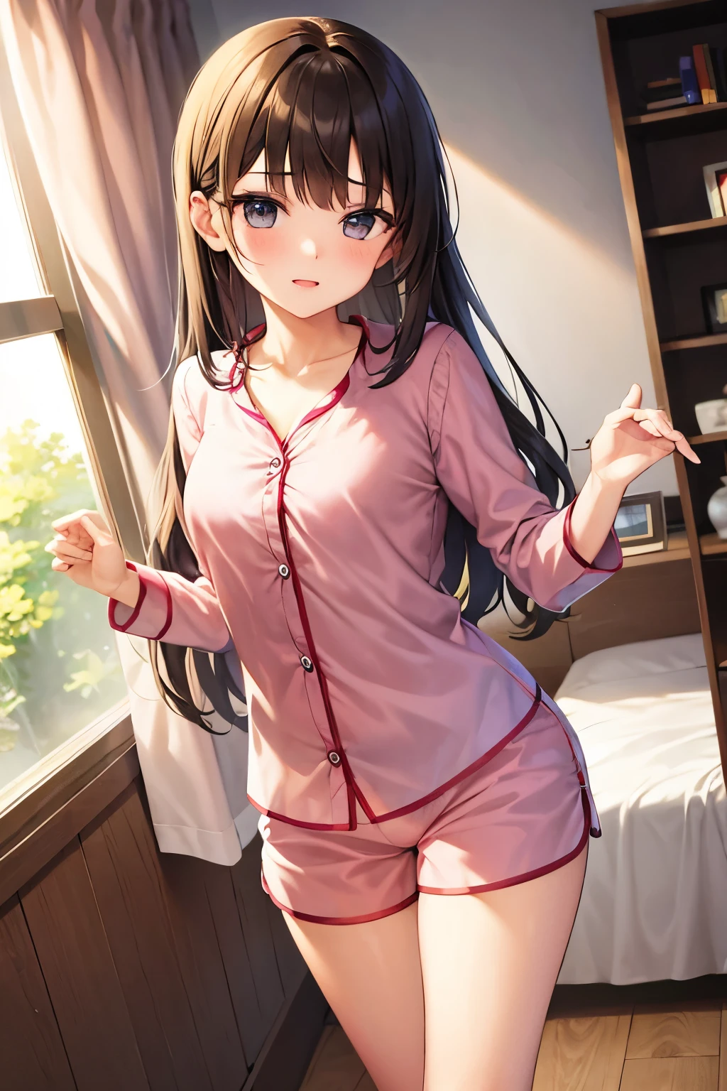 (8 Japanese girl),pajamas,barefoot,sole'Eyes wearing silver-white mirrored lens sunglasses、I looked at the world reflected in the lenses of my sunglasses..(Side Pony,Colorful Hair),